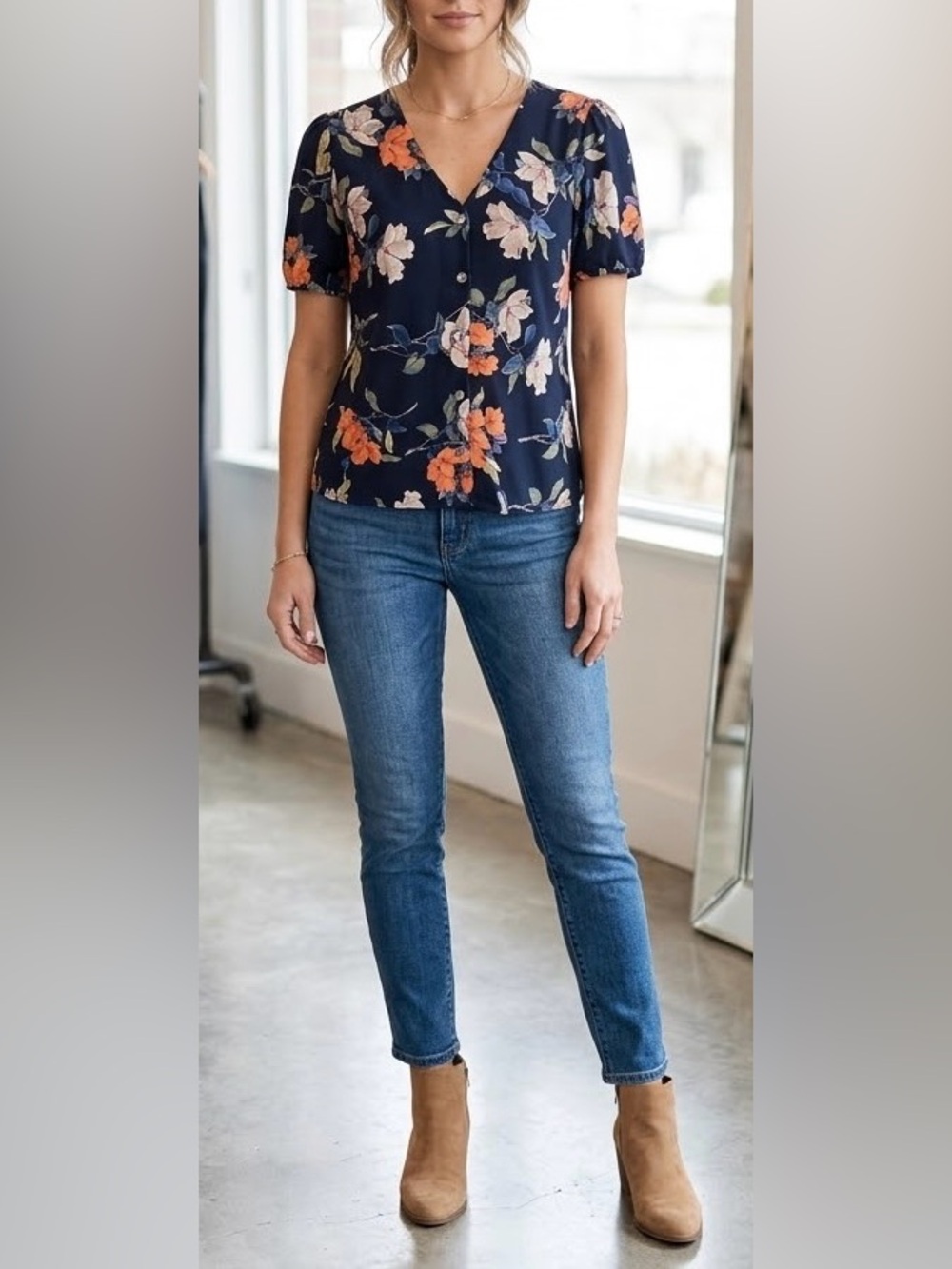 NWT Workshop Republic Floral Button Front Puff Sleeve Top Navy - Size XS